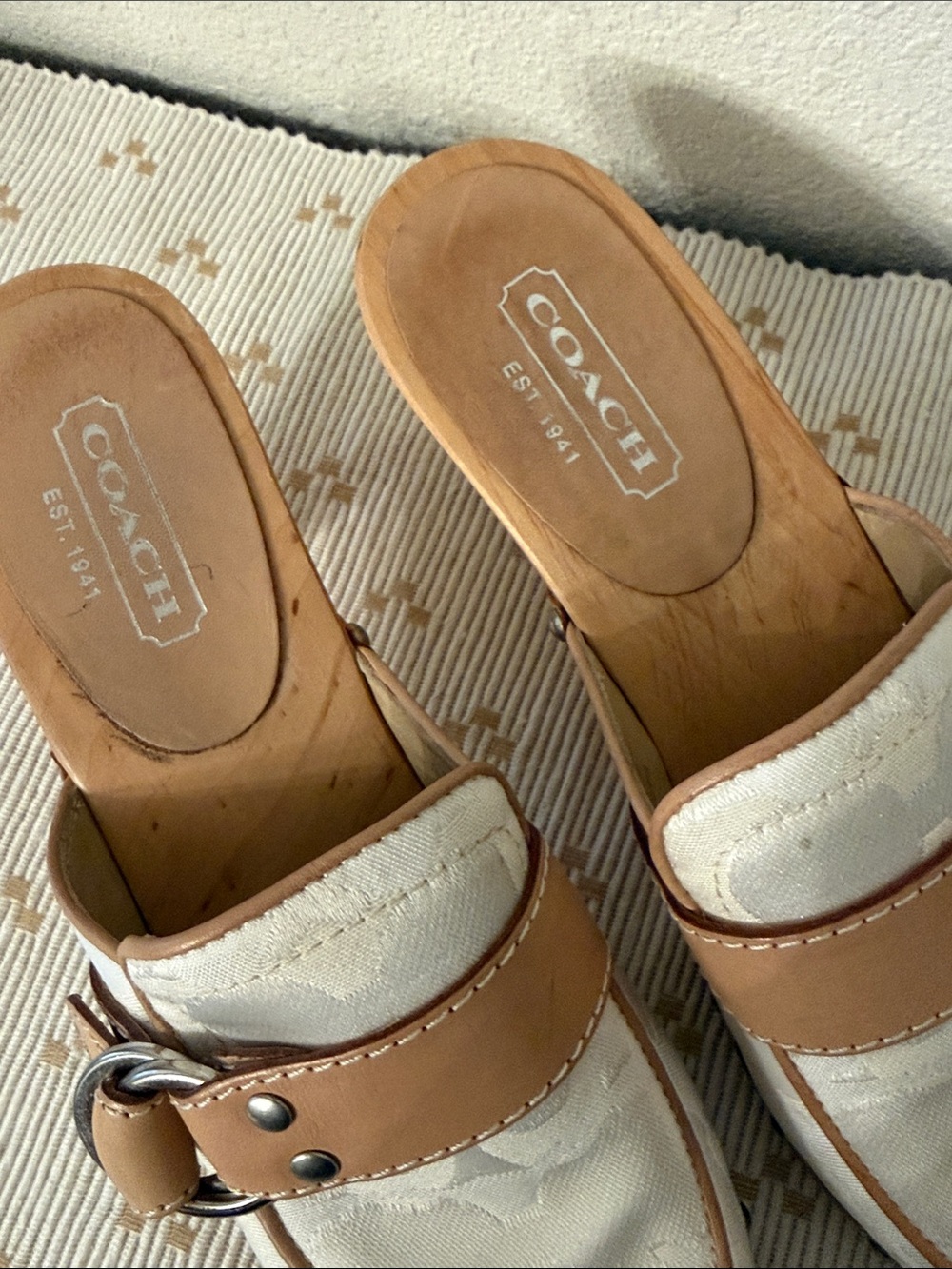 Coach Raina Signature Jacquard Wooden Clogs Mules Tan White Size 7 - Picture 5 of 14